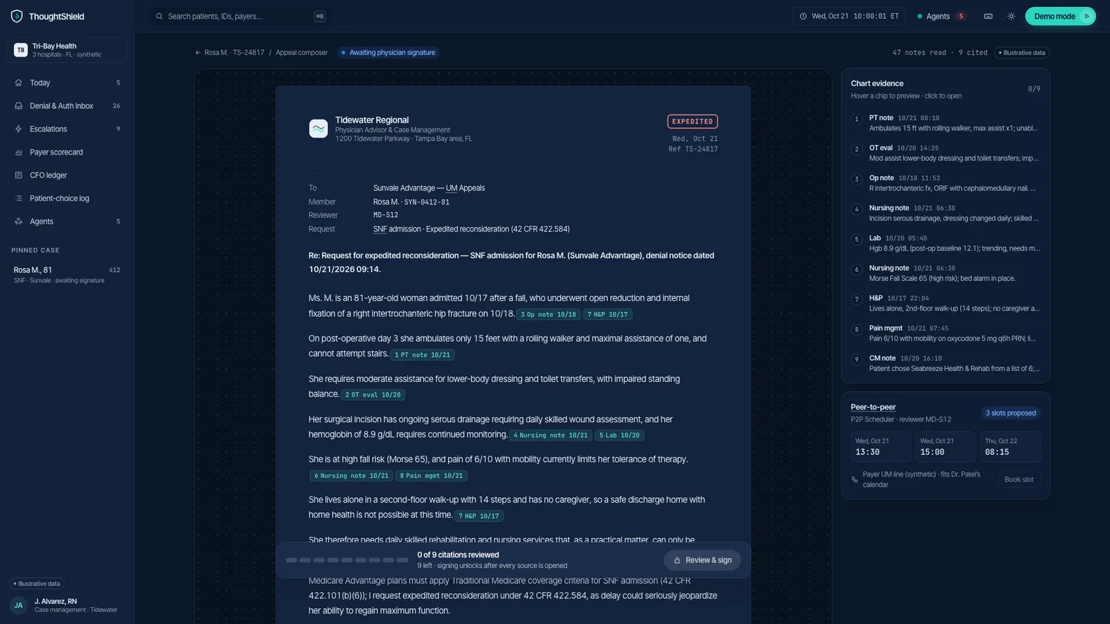 ThoughtShield Appeal composer screen, illustrative synthetic data
