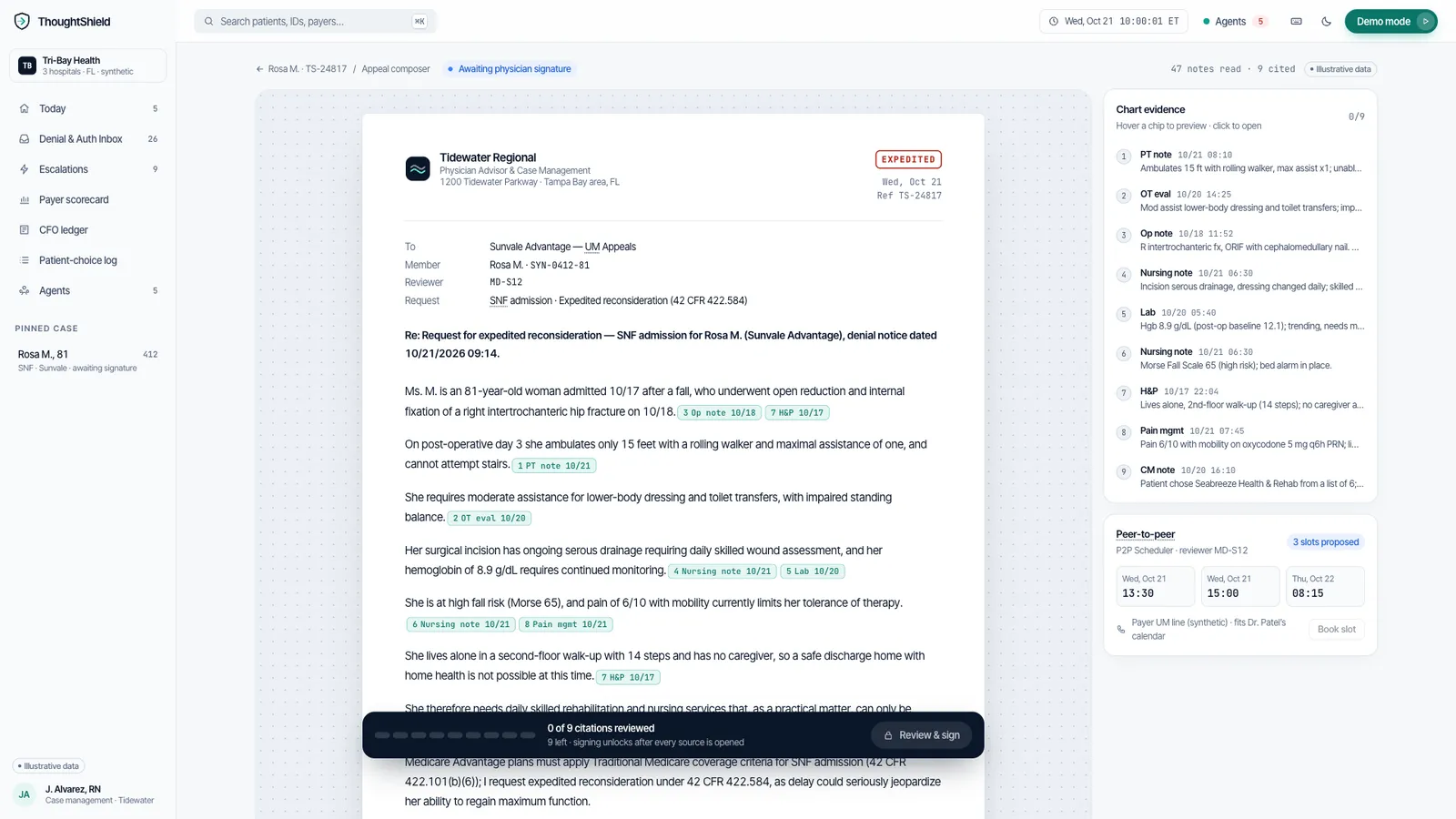 ThoughtShield Appeal composer screen, illustrative synthetic data